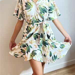 Floral Wrap Dress with Green Leaf Print